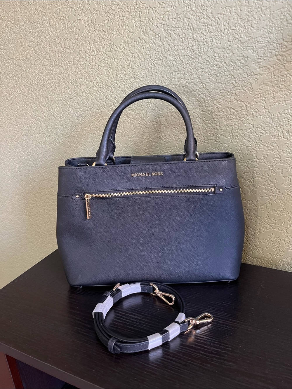 Michael Kors Hailee Black Saffiano Leather Satchel with Gold Hardware